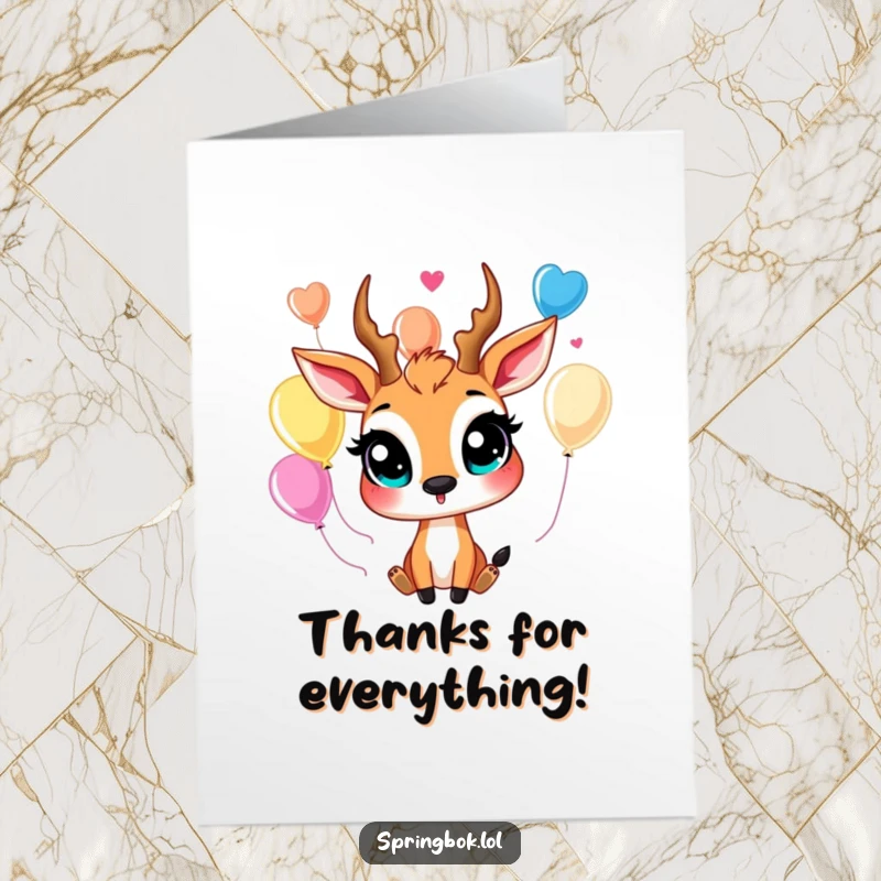 Funny Free Printable Springbok Thank You Card juggling colorful balloons, conveying thanks with a playful and energetic flair.