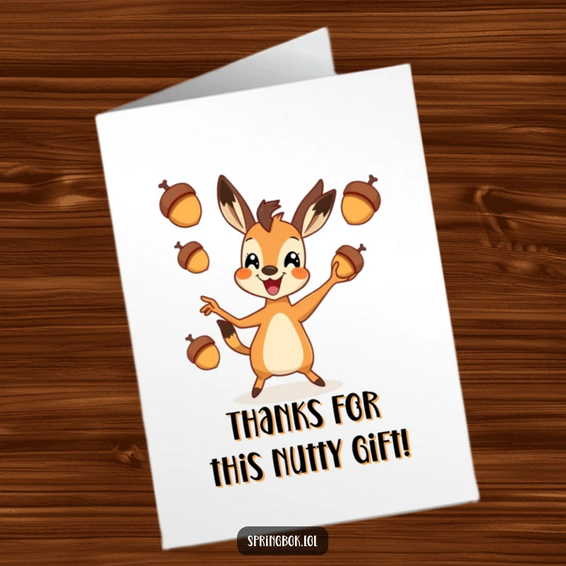 Funny Free Printable Thank You Card: Cheerful Springbok energetically juggling acorns, a unique way to say thanks.