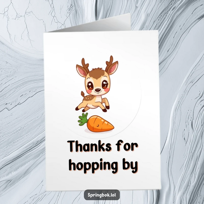 Funny Free Printable Thank You Card: A friendly antelope leaps over a tiny carrot with a sweet expression.