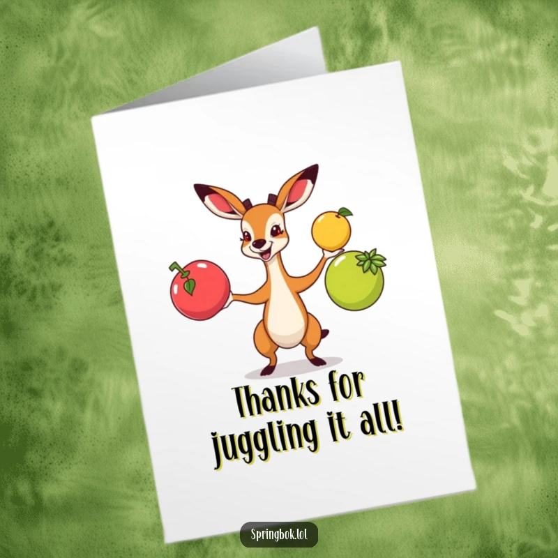 Funny Free Printable Thank You Card: A springbok juggling colorful fruits with infectious enthusiasm, perfect for a cheerful thank you.