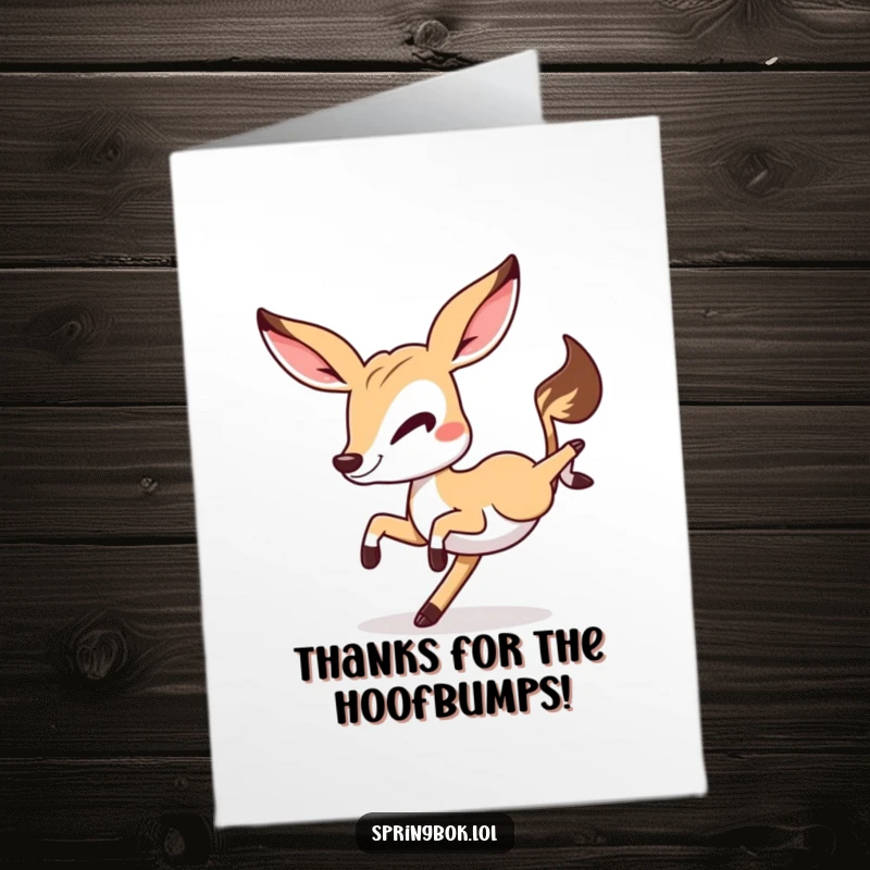 Funny Free Printable Thank You Card: A springbok cartwheeling mid-air with a wink to show gratitude.