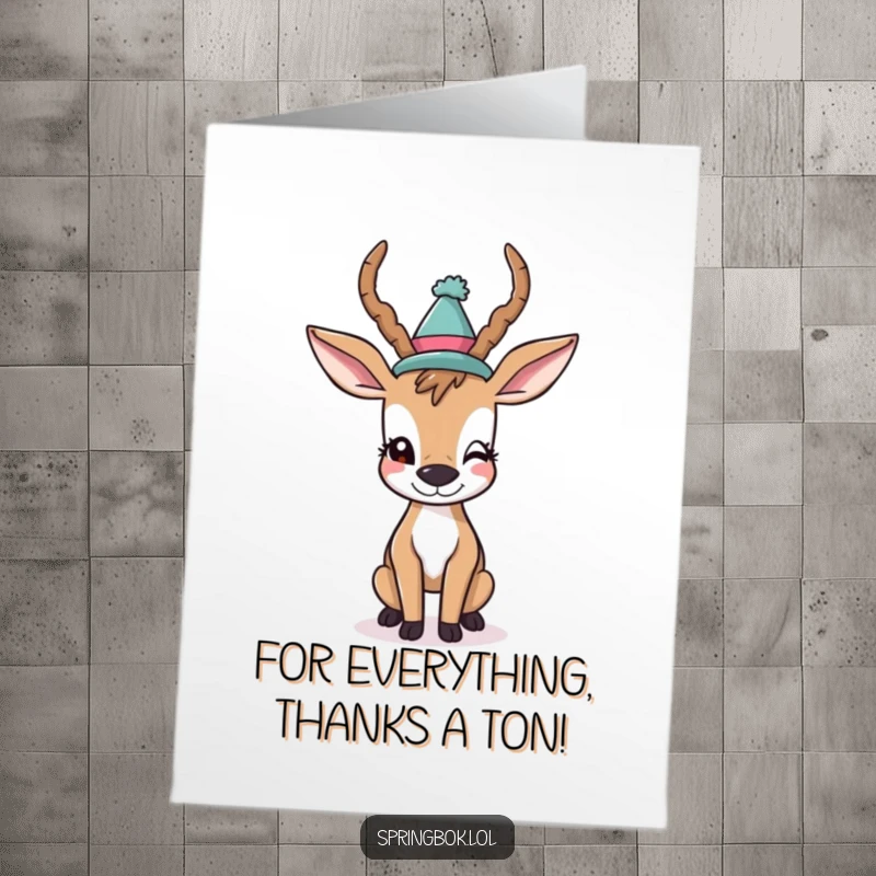 Funny Free Printable Thank You Card: Cheeky antelope with silly hat winks, a fun thank you.