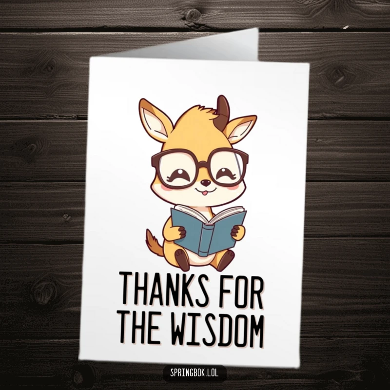Funny Free Printable Thank You Card: A springbok in oversized glasses humorously reading a book, a witty thank you.