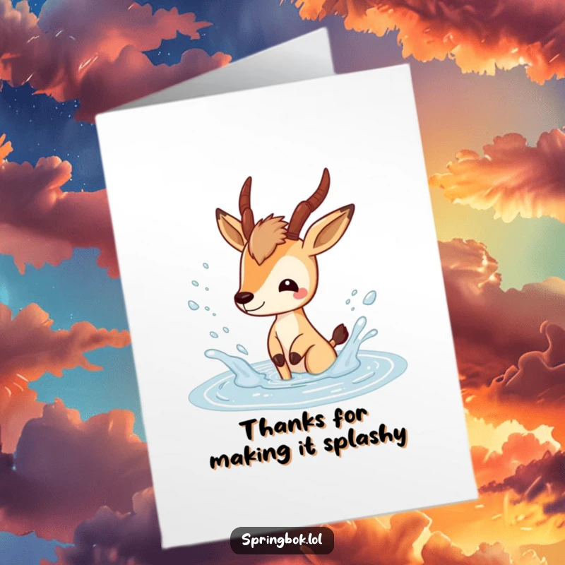 Funny Free Printable Thank You Card: A springbok character splashing happily in a puddle, sending joyful droplets as thanks.