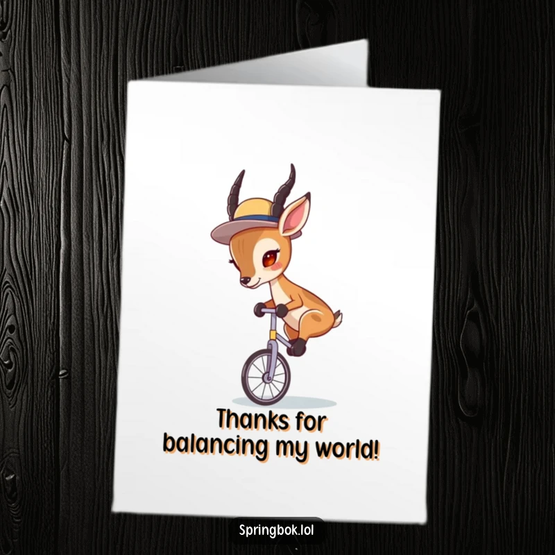 Funny Free Printable Thank You Card featuring a springbok in a little hat concentrating hard while riding a unicycle.