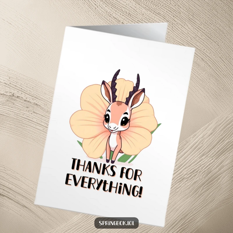 Funny Free Printable Thank You Card: Springbok peeking curiously from behind a giant flower, a sweet and funny thank you. Downloadable.
