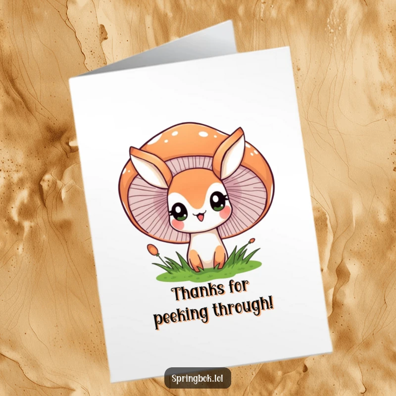 Wide-eyed Free Printable Thank You Card depicting a springbok character peeking inquisitively from behind a large, cheerful mushroom.
