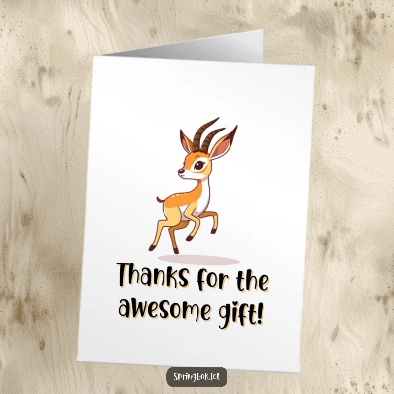 Funny Free Printable Thank You Card: A whimsical springbok is captured mid-leap, playfully chasing its own shadow.