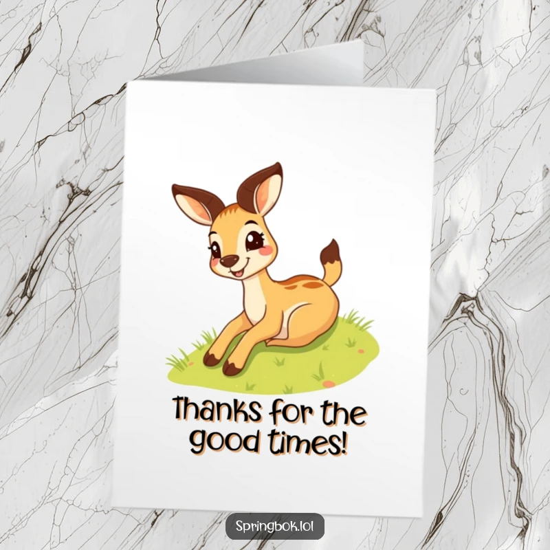 Funny Free Printable Springbok Thank You Card with a silly grin sliding down a hill, delivering thanks with a playful twist.