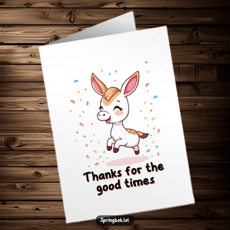 Funny Free Printable Thank You Card: A Kawaii springbok trips playfully, scattering colorful confetti as thanks.