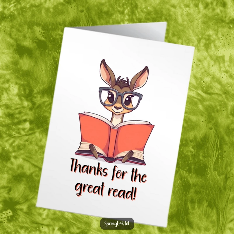 Funny Free Printable Thank You Card featuring a springbok with huge glasses, intently reading a very large book.