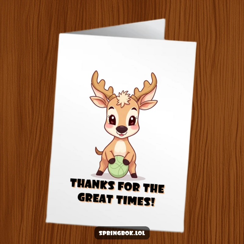 Funny Free Printable Thank You Card: Antelope showing gratitude by bouncing a ball with its nose, so sweet.