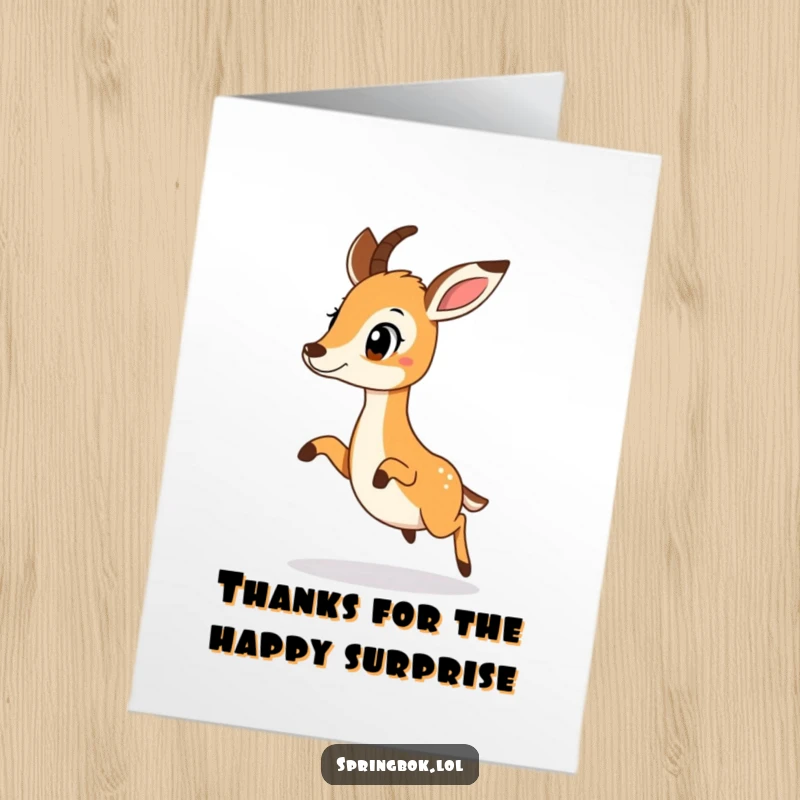 Funny Free Printable Thank You Card: A springbok in a surprised little hop, conveying thanks. A downloadable cheerful note.