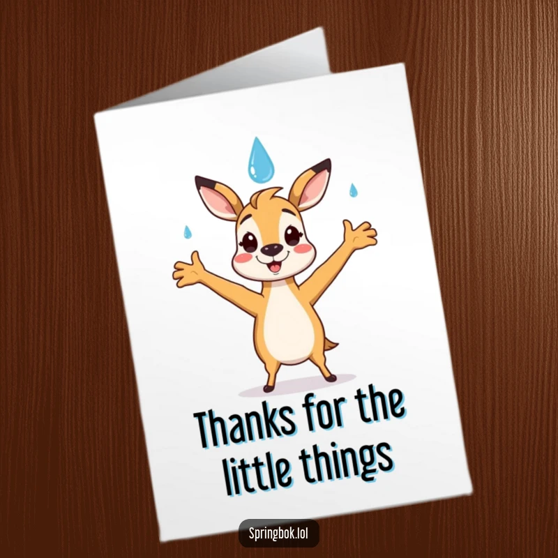 Funny Free Printable Thank You Card: A springbok character catching a falling raindrop, offering a heartfelt thank you.