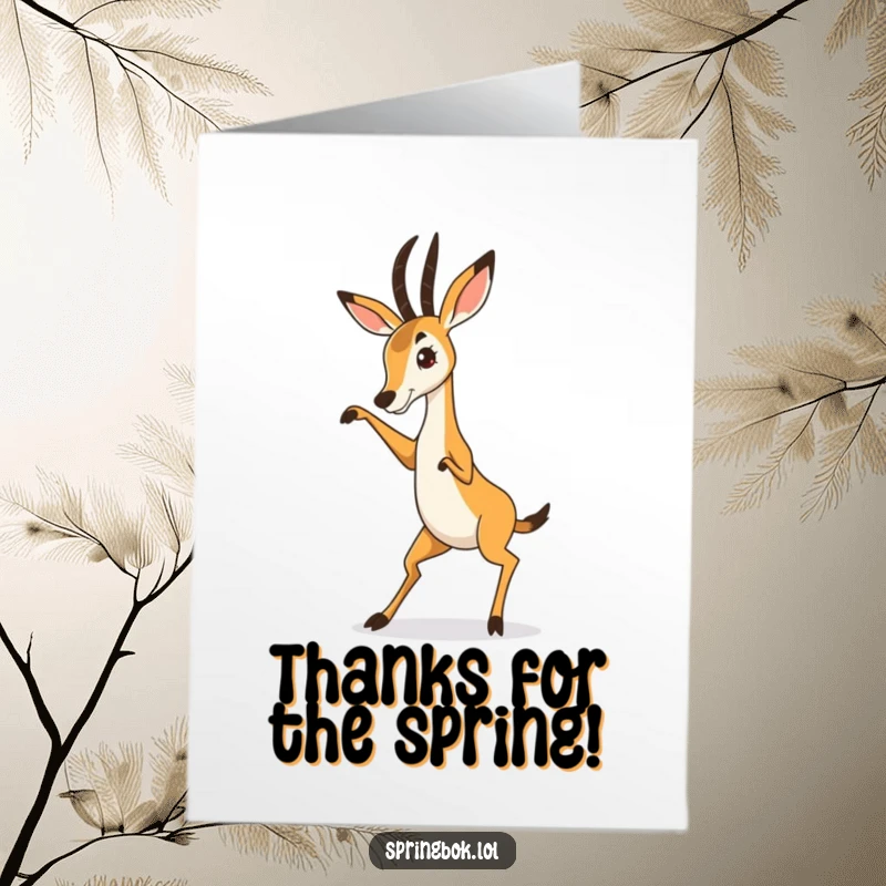 Funny Free Printable Thank You Card: A springbok captured mid-silly dance, expressing thanks with infectious energy.