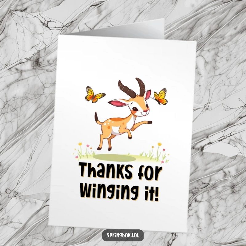 Funny Free Printable Thank You Card: A springbok with paws reaching out, playfully chasing a colorful butterfly.