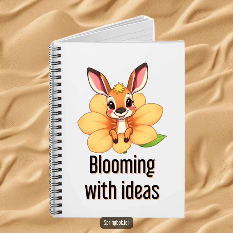 Funny springbok notebook with a playful peek from behind a large, cheerful flower, perfect for jotting down witty remarks.
