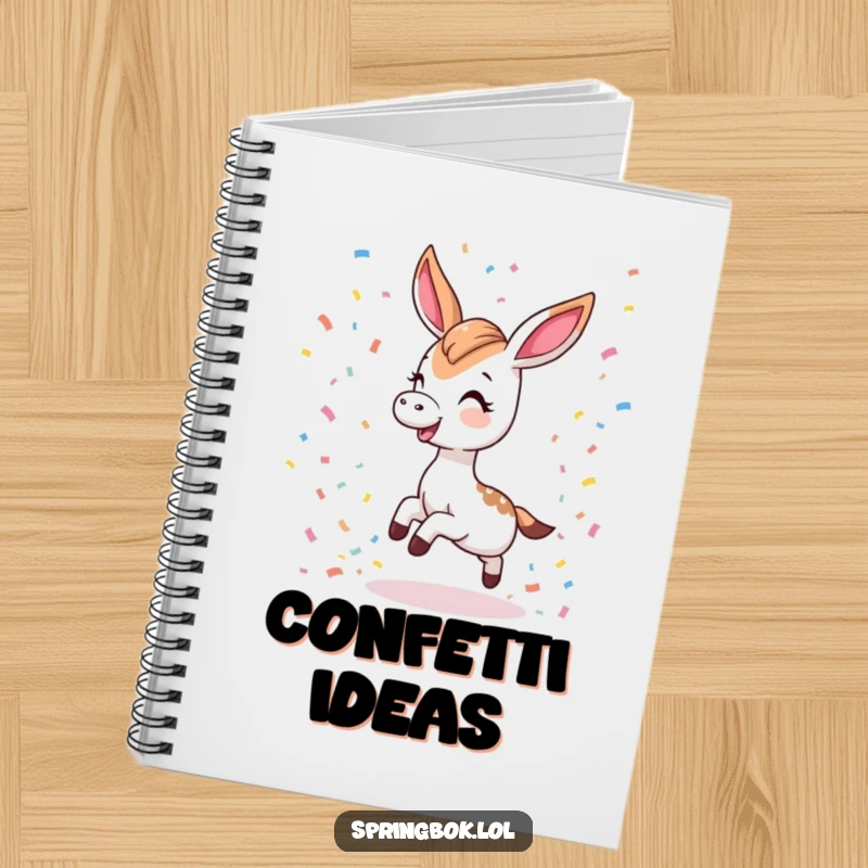Funny notebook cover with a Kawaii springbok tripping playfully and scattering confetti, ideal for notes and cheerful doodles.