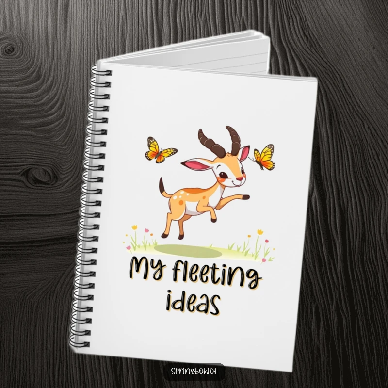 Funny springbok butterfly chase notebook, a springbok playfully chasing a butterfly, ideal for notes and inspiration.