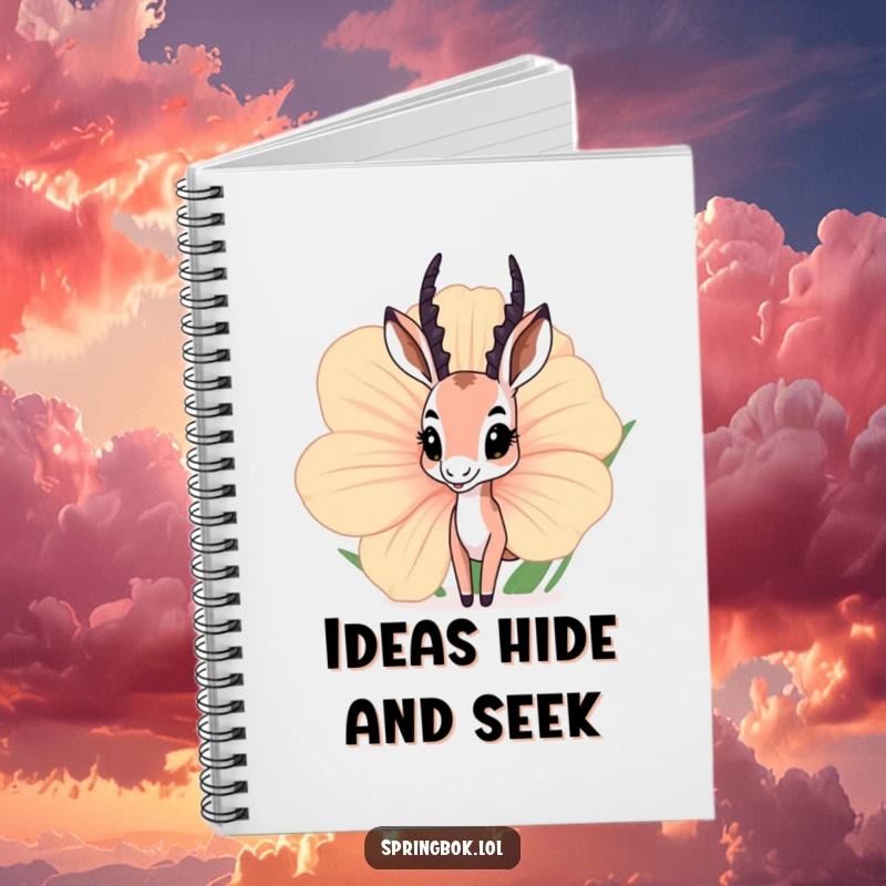 Funny springbok notebook featuring a curious springbok peeking from behind a giant flower, ideal for writing notes and exploring ideas.