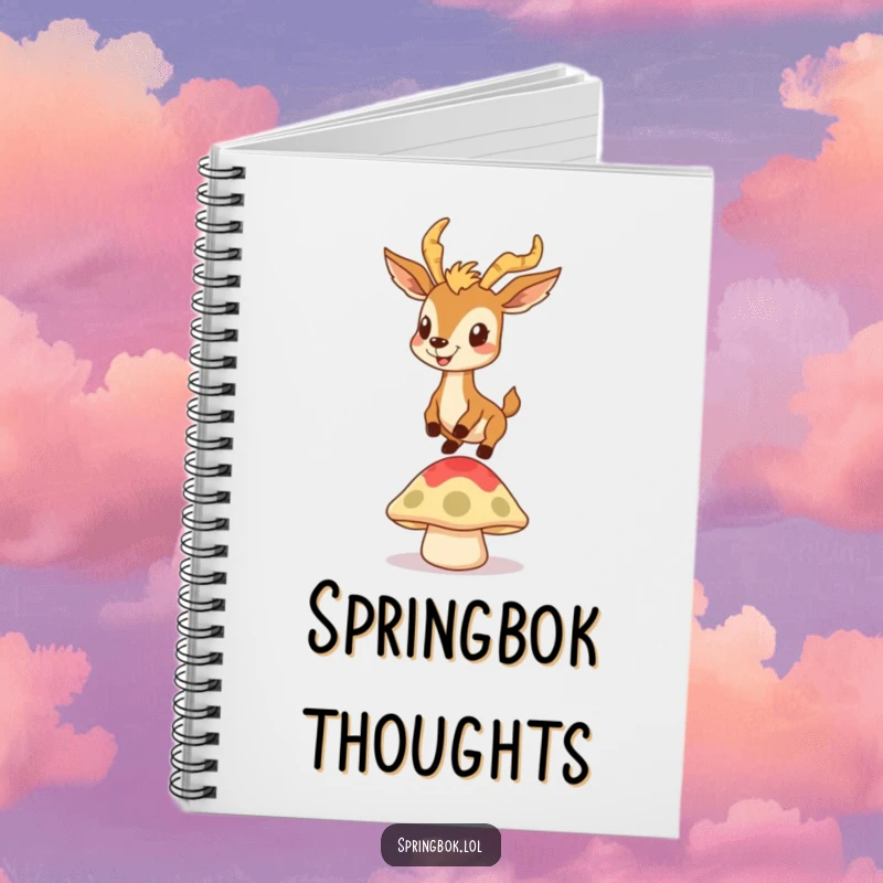 Funny notebook cover with a springbok with a goofy grin bouncing on a mushroom cap, ideal for notes and cheerful doodles.