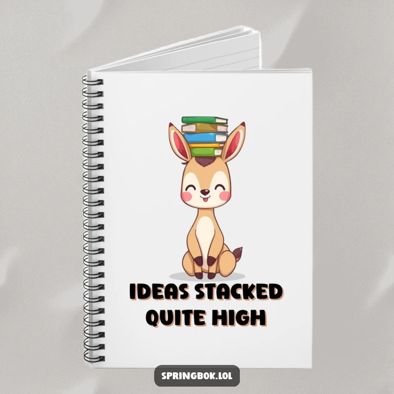 Funny springbok notebook featuring a happy springbok balancing a stack of colorful books on its head, perfect for writing notes.