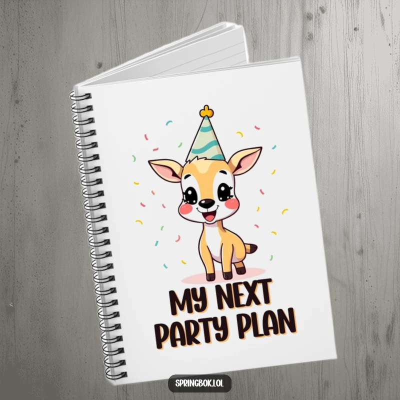 Funny Springbok Notebook with a cheerful springbok wearing a party hat and tossing confetti. A motivational and humorous journal, excellent funny gift.