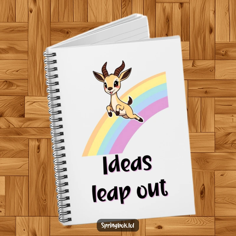 Funny Springbok Rainbow Notebook, featuring a cute springbok leaping joyfully over a rainbow, ideal for writing, journaling, and magical thoughts.