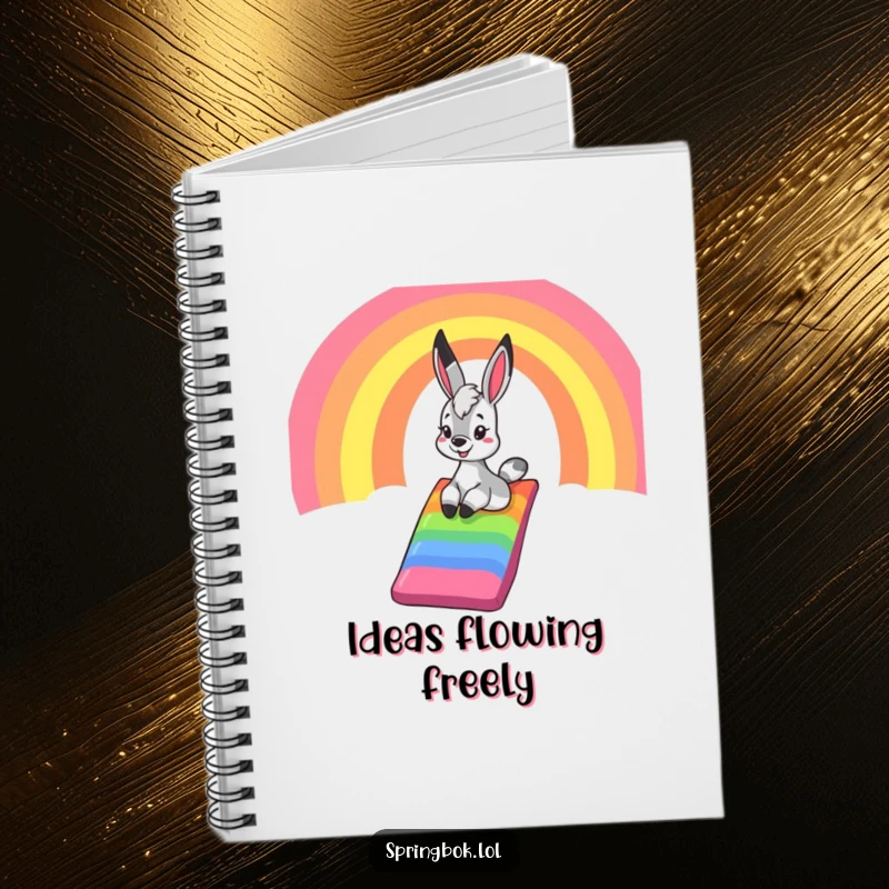 Funny springbok notebook, featuring a springbok sliding down a rainbow, ideal for jotting down happy thoughts and creative inspiration.