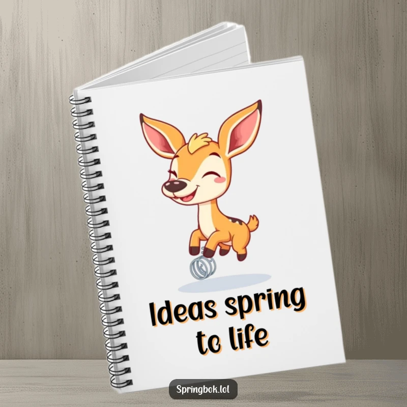 Funny springbok with a wide grin bouncing on a spring on a notebook cover, ideal for humorous and happy journaling.