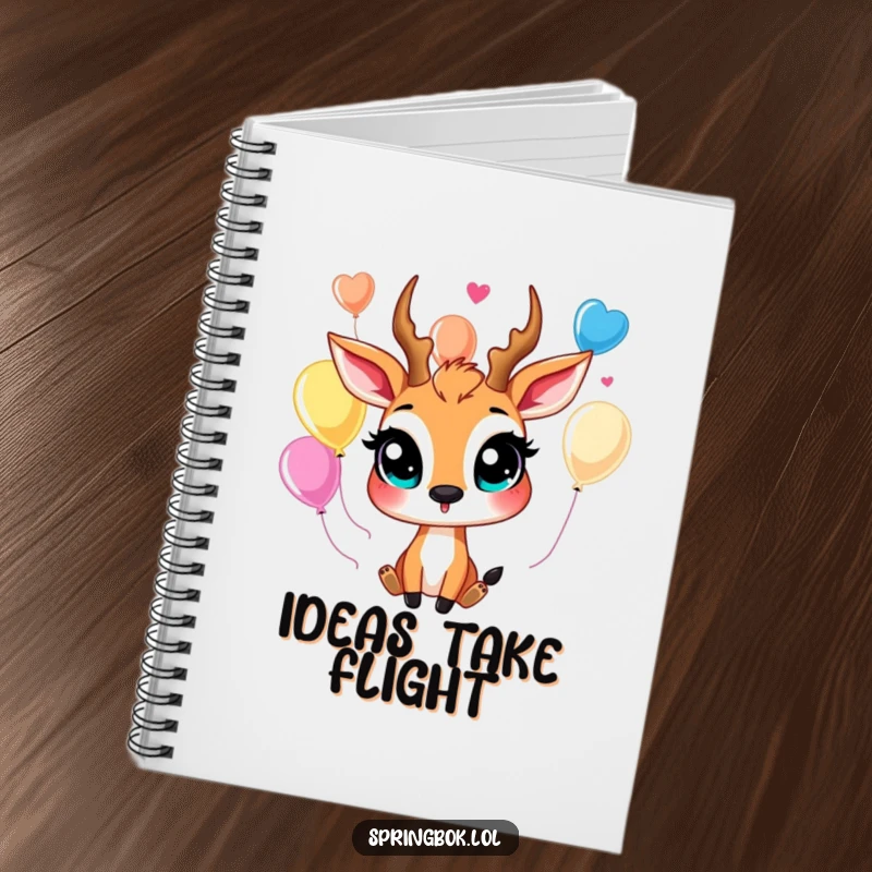 Funny springbok notebook featuring a happy springbok with large eyes juggling colorful balloons, ideal for creative writing.