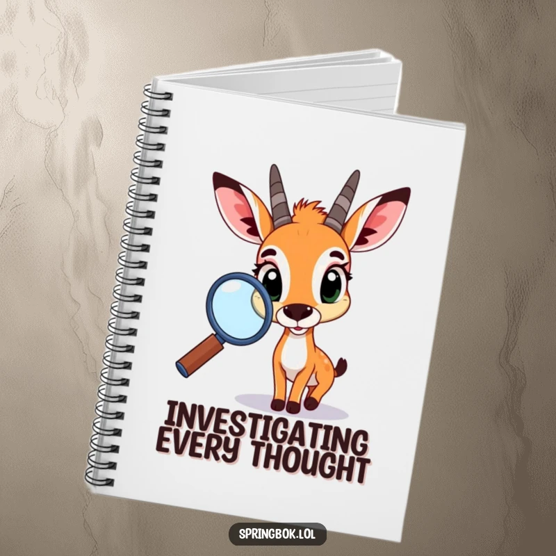 Funny springbok notebook, featuring a springbok with curious eyes using a magnifying glass, perfect for capturing notes and brilliant ideas.