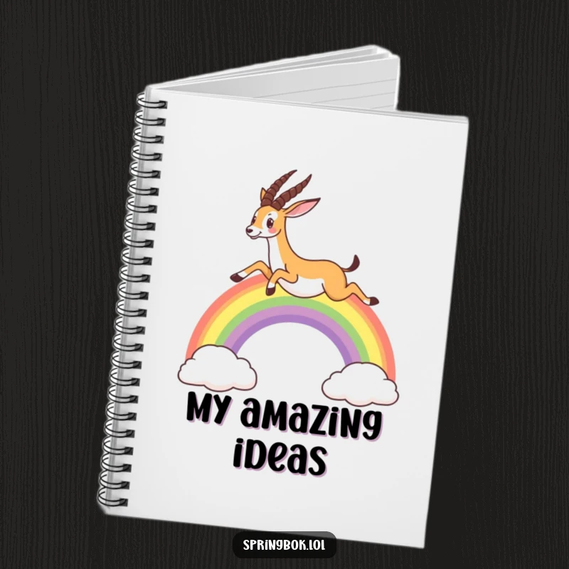 Funny notebook cover illustrating a springbok leaping over a rainbow, ideal for journaling with a touch of whimsical magic.