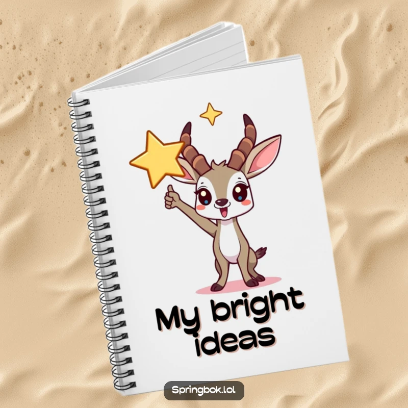 Funny springbok notebook featuring a triumphant character under a star, ideal for jotting down winning ideas.