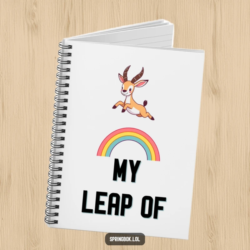 Funny springbok notebook featuring a cute animal leaping over a rainbow, perfect for jotting down happy thoughts and ideas.