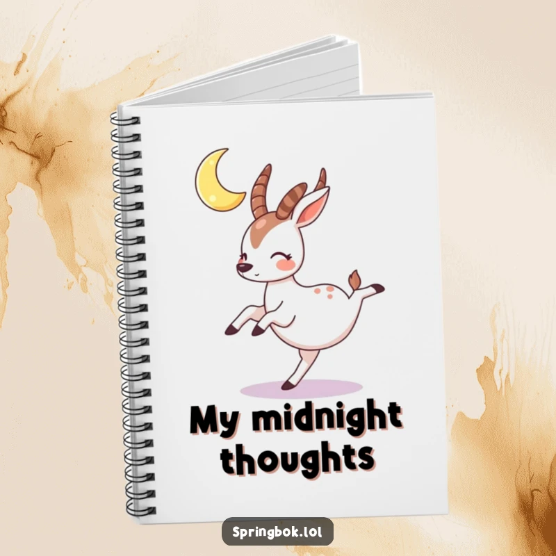 Funny springbok notebook featuring a rosy-cheeked character cartwheeling under a crescent moon, ideal for journaling.