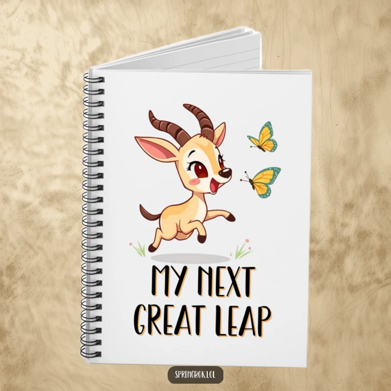 Funny springbok character chasing a butterfly on a notebook cover, inspiring creativity and lighthearted note-taking.