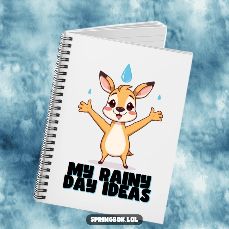Funny springbok notebook featuring a springbok character happily catching a smiling raindrop with open arms, ideal for notes.