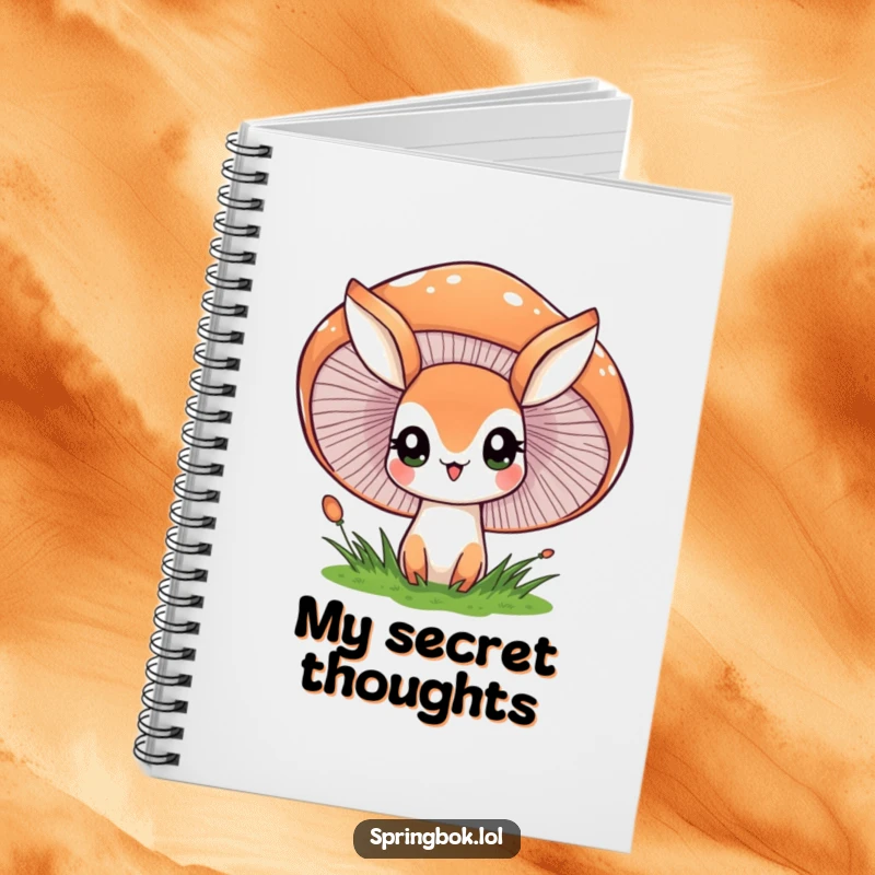 Funny notebook cover with a springbok character peeking with wide eyes from behind a large, cheerful mushroom, ideal for magical notes.