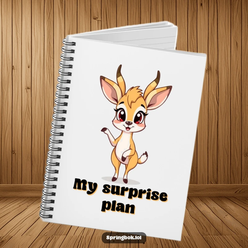 Funny springbok notebook displays a springbok in a surprised pose with one leg up, perfect for jotting down shocking notes.