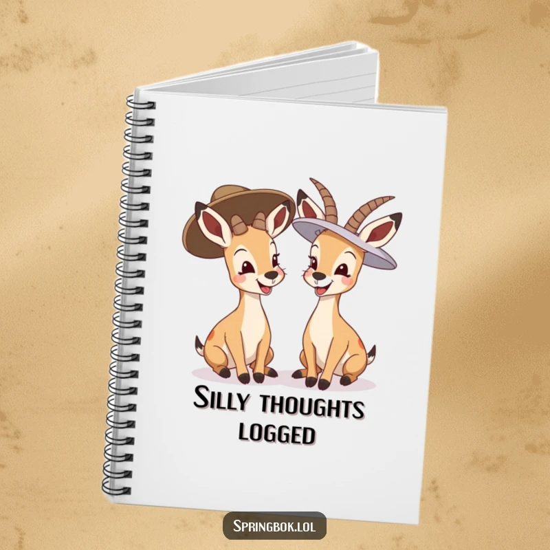 Funny springbok giggling notebook, two springboks in oversized hats laughing, ideal for notes and creative thoughts.