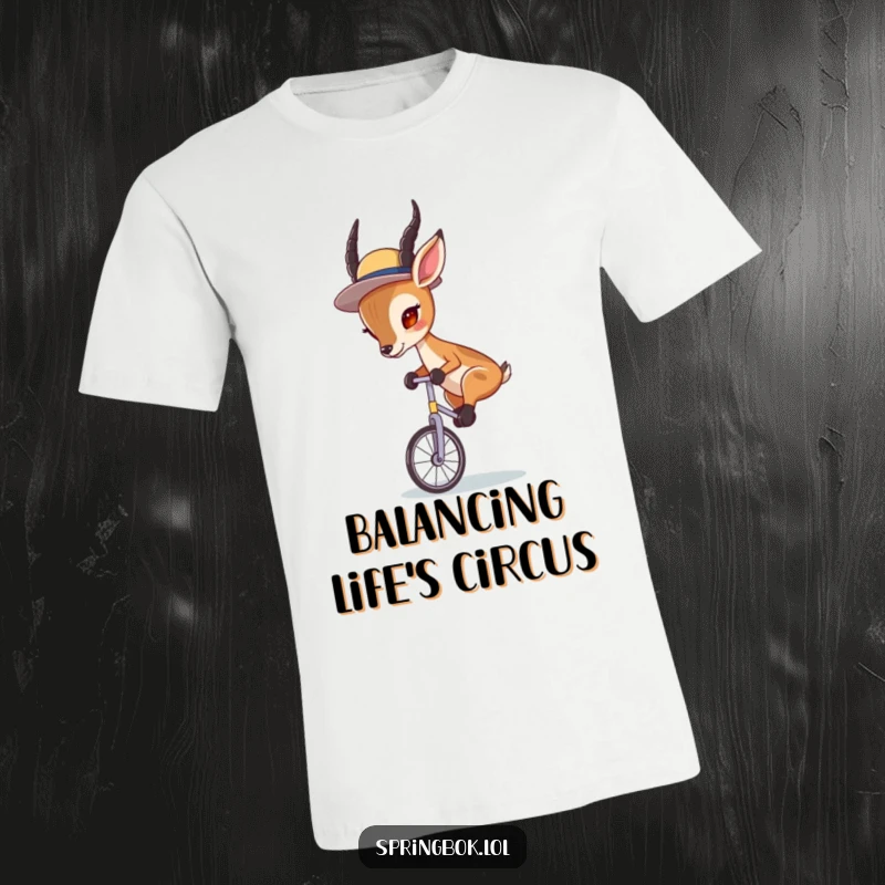 Funny Springbok Unicycle T-Shirt: A springbok in a small hat, riding a unicycle with extreme concentration and style.