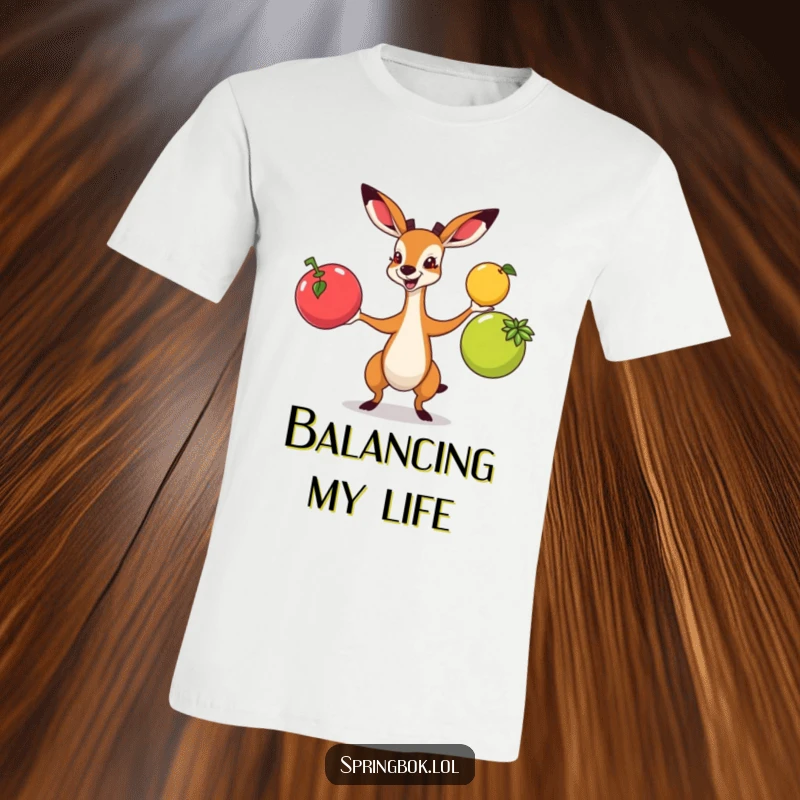 Funny springbok juggling colorful fruits with great enthusiasm, printed on a fun and lively t-shirt.