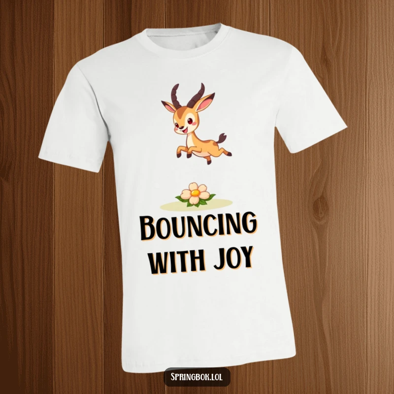 Funny t-shirt with a cute springbok character leaping joyfully over a small, smiling flower, celebrating nature and happiness.