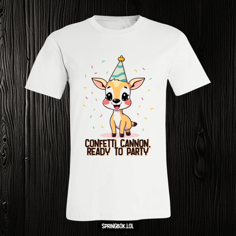 Funny Springbok T-Shirt with a party hat, joyfully throwing confetti with a wide, happy smile. A great humorous apparel gift.