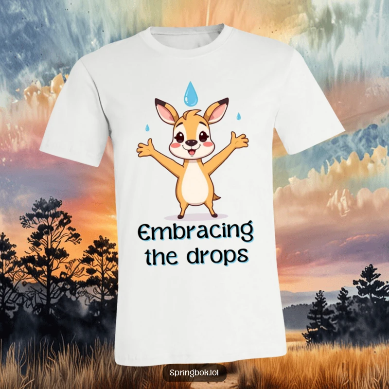 Funny springbok t-shirt featuring a springbok character happily catching a smiling raindrop with outstretched arms.