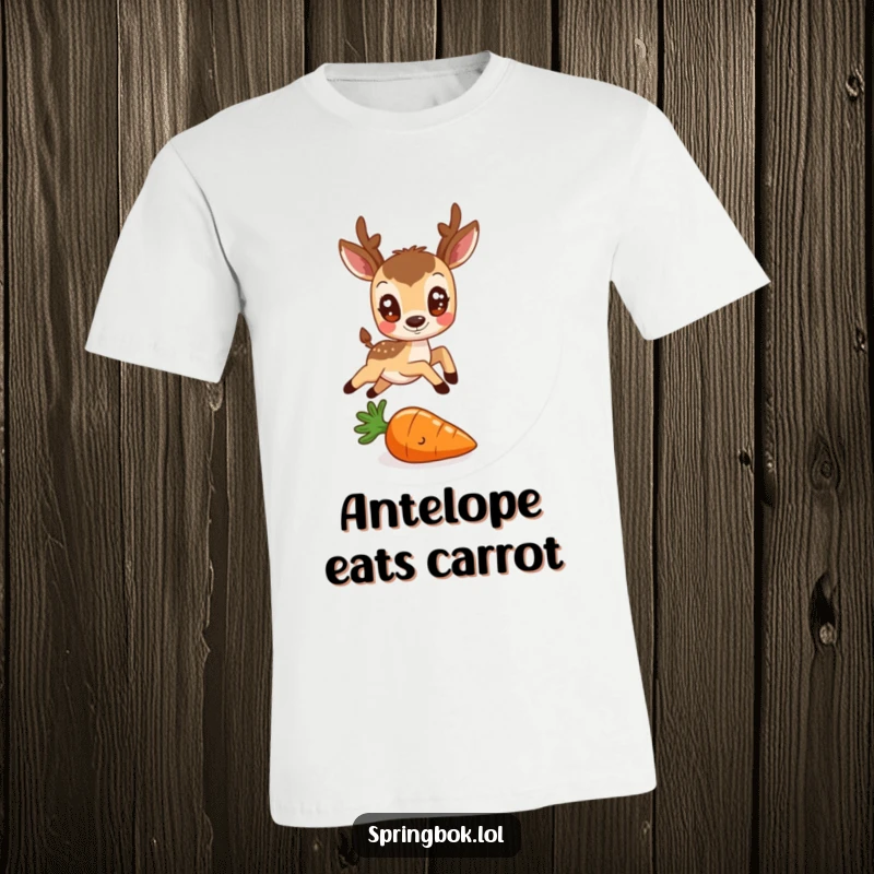 Funny t-shirt featuring a round antelope with friendly eyes leaping over a tiny carrot, a cheerful and humorous apparel.