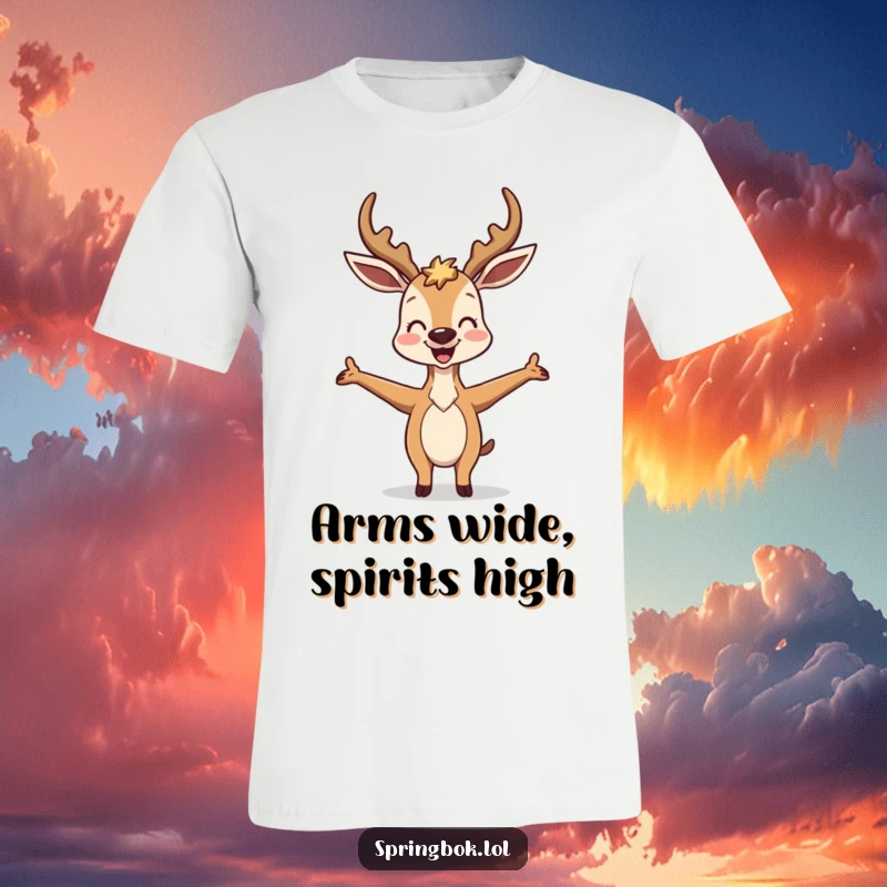 Funny Antelope T-Shirt: A joyful antelope is captured in a delightfully absurd pose with arms stretched wide, showcasing immense fun.