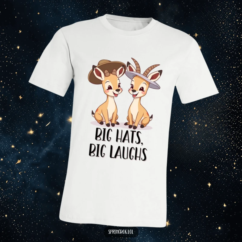 Funny springbok giggling t-shirt, two springboks in oversized hats sharing a giggle, cheerful and humorous apparel.