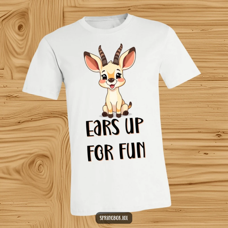 Funny springbok with big, bouncy ears excitedly twitching with gleeful joy, printed on a soft t-shirt.